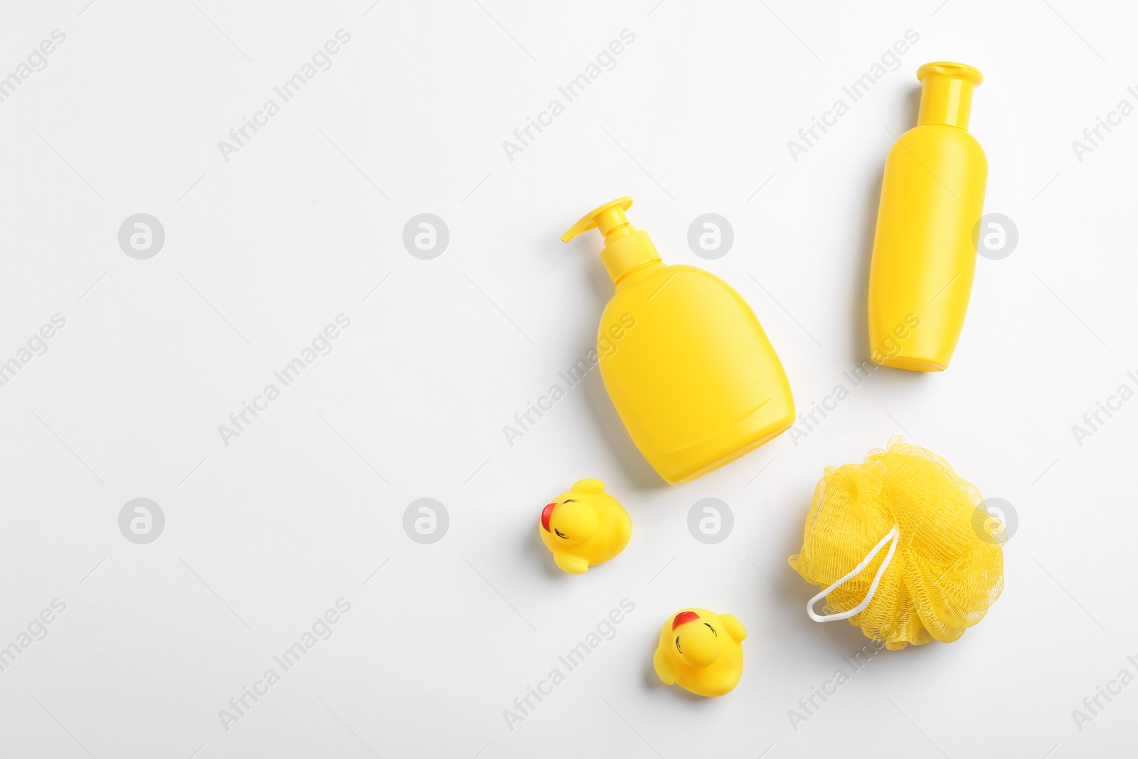 Photo of Composition with baby cosmetic products on white background, top view