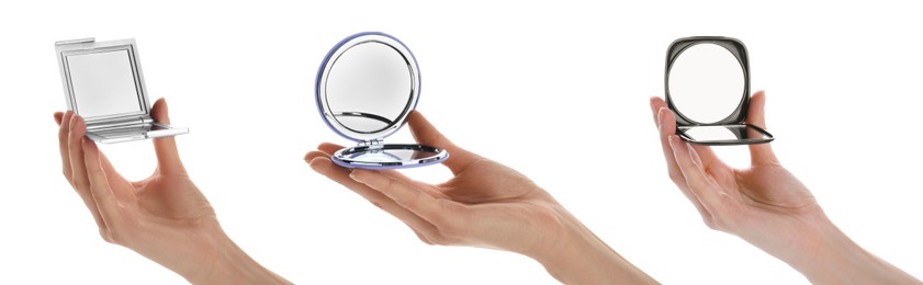 Image of Collage with photos of women holding stylish cosmetic pocket mirrors on white background, closeup. Banner design