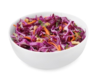 Photo of Tasty salad with red cabbage and walnuts in bowl isolated on white