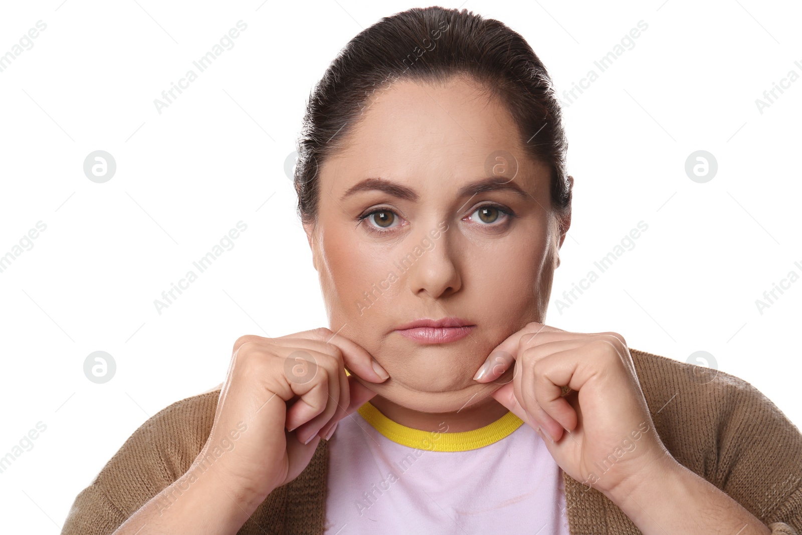 Photo of Woman with double chin on white background