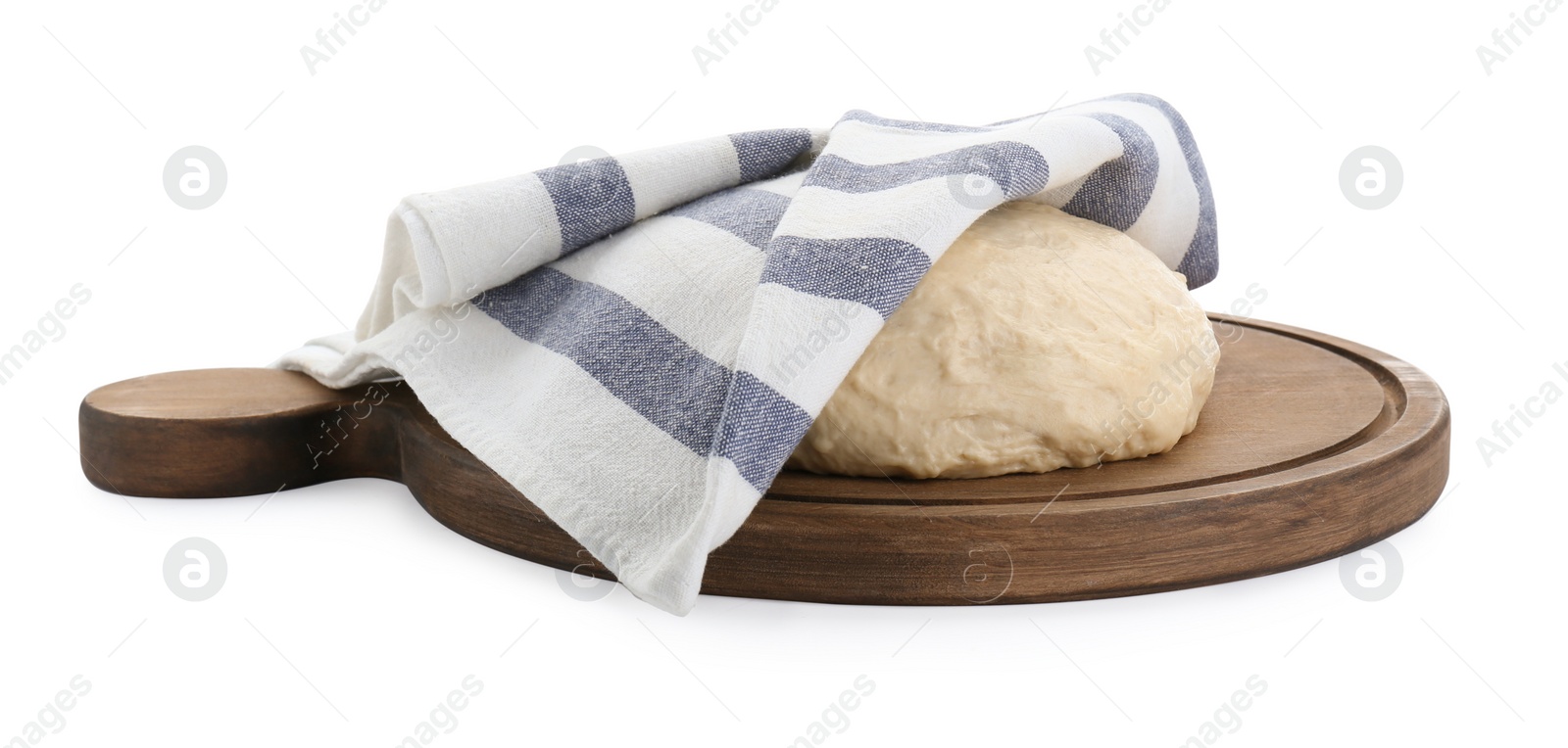 Photo of Fresh yeast dough and towel isolated on white