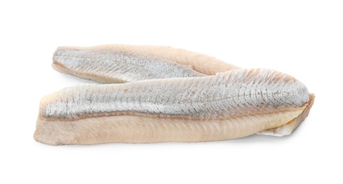 Photo of Delicious salted herring fillets on white background