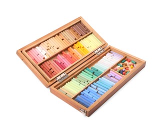 Set of soft pastels on white background in wooden box. Drawing material