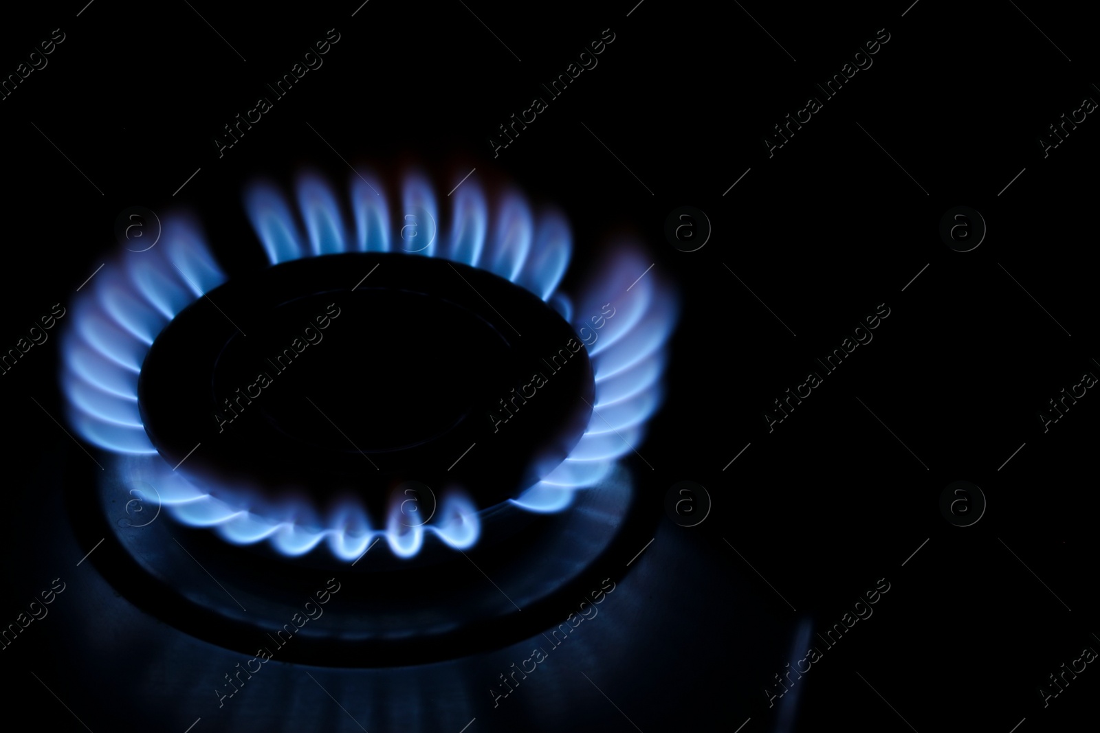 Photo of Gas cooktop with burning flame in darkness, closeup. Space for text