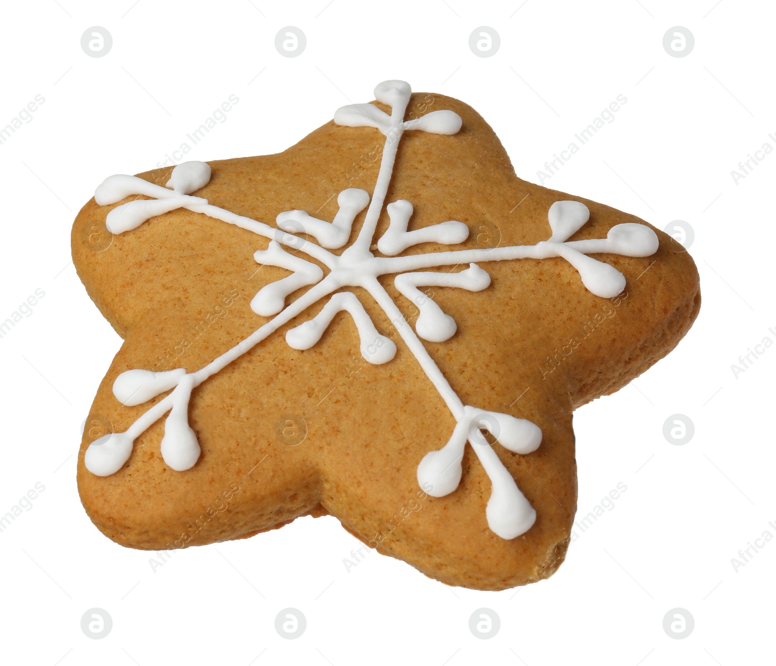 Photo of Tasty star shaped Christmas cookie with icing isolated on white