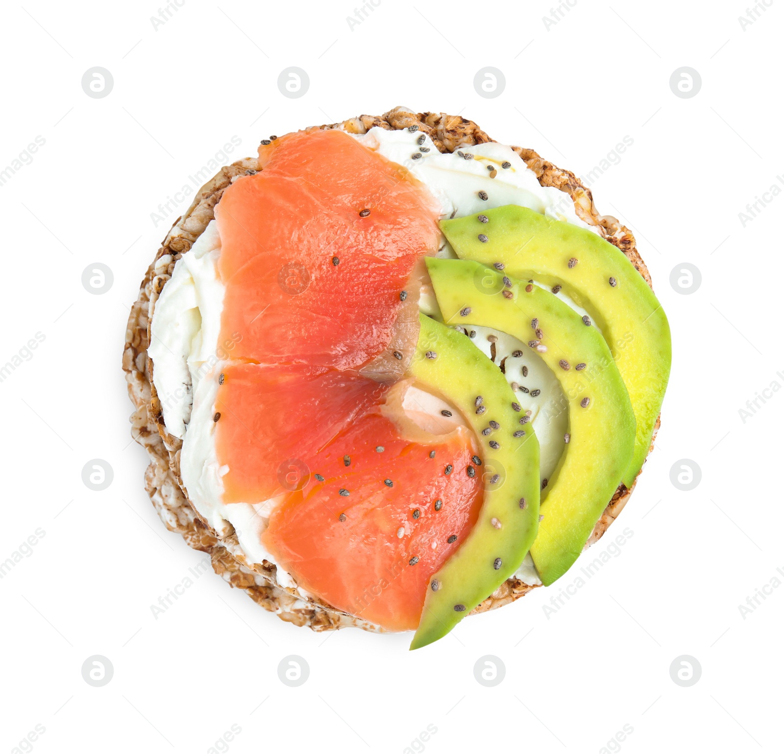 Photo of Crunchy buckwheat cakes with cream cheese, salmon and avocado on white background, top view