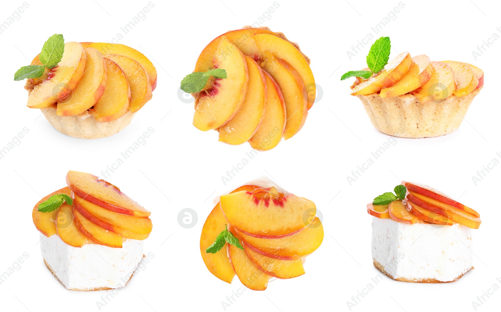 Image of Delicious desserts with peach slices on white background, different sides. Collage design