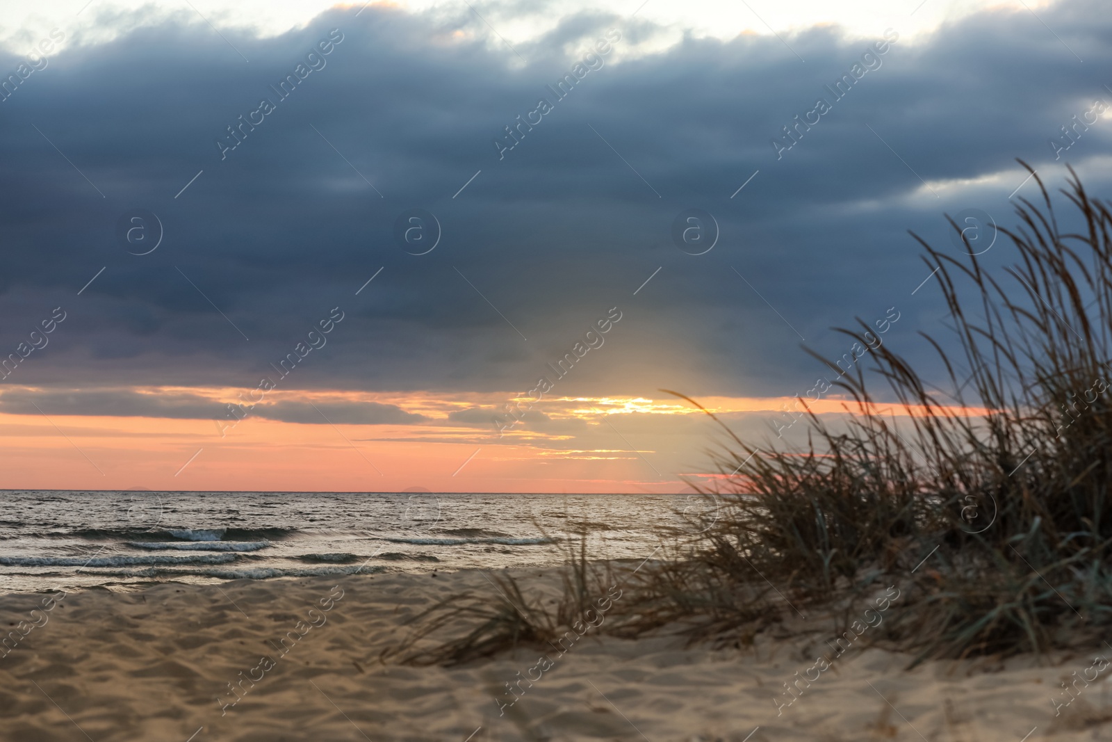 Photo of Picturesque view of beautiful sky with clouds over tropical beach at sunset