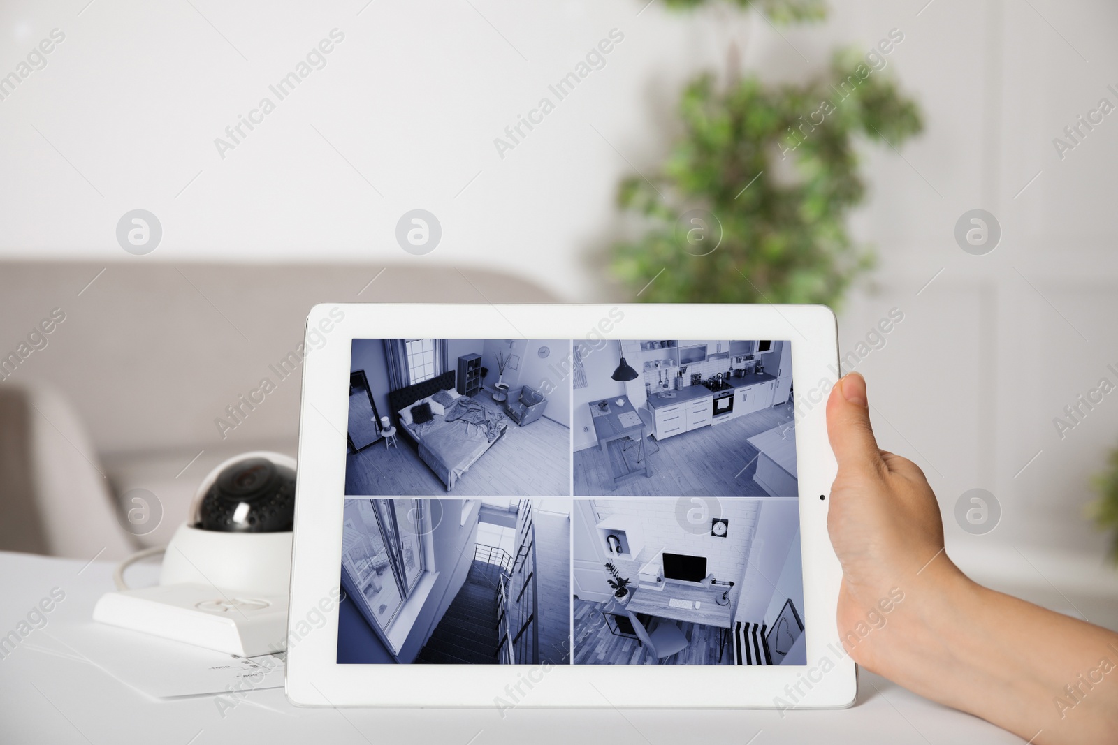 Photo of Woman monitoring CCTV camera on tablet at table indoors, closeup. Home security system