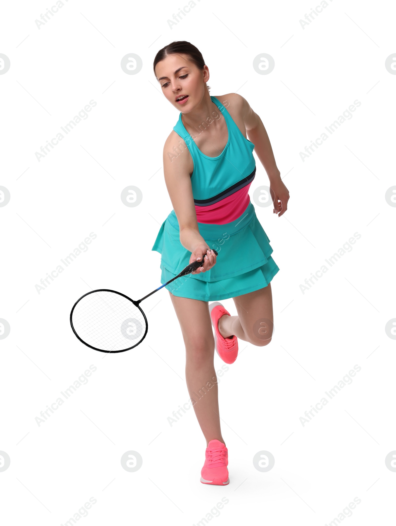 Photo of Young woman playing badminton with racket on white background