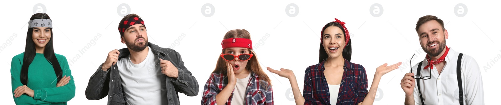 Image of Collage with photos of people wearing stylish bandanas on white background. Banner design