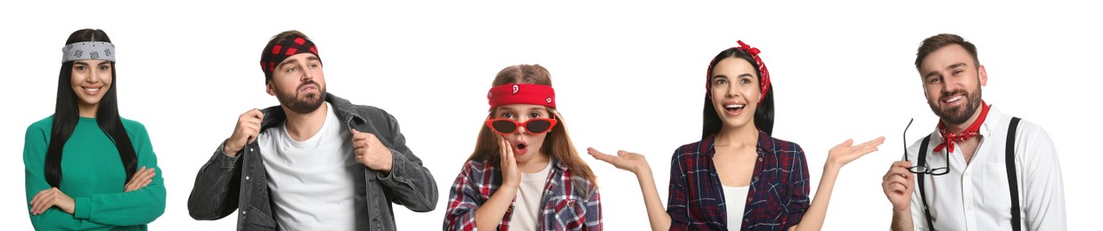 Image of Collage with photos of people wearing stylish bandanas on white background. Banner design