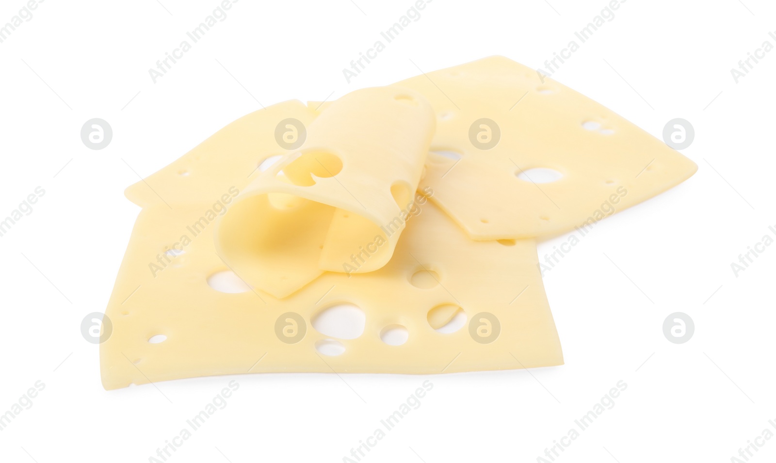 Photo of Slices of tasty fresh cheese isolated on white