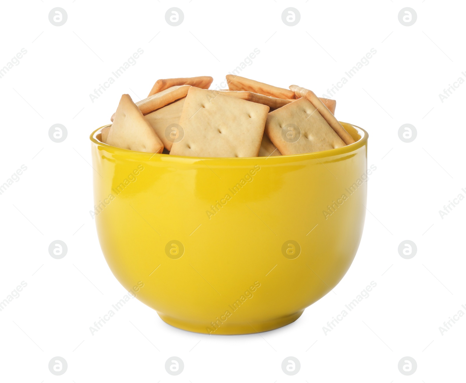 Photo of Delicious crackers in bowl isolated on white