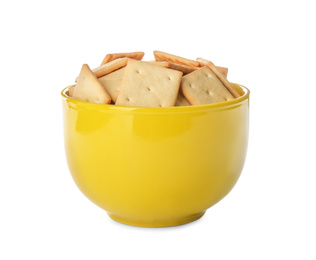 Photo of Delicious crackers in bowl isolated on white