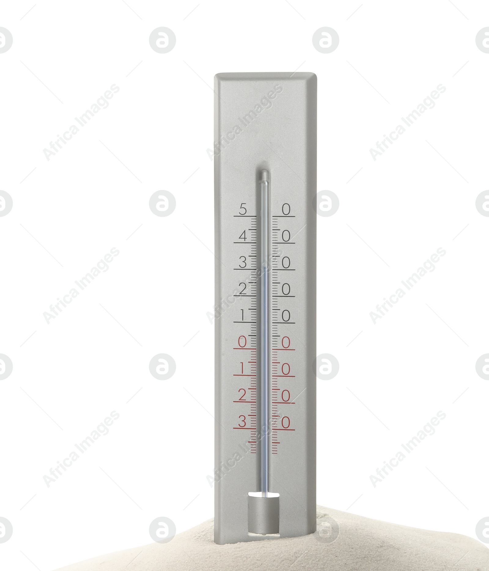 Photo of Weather thermometer in sand against white background