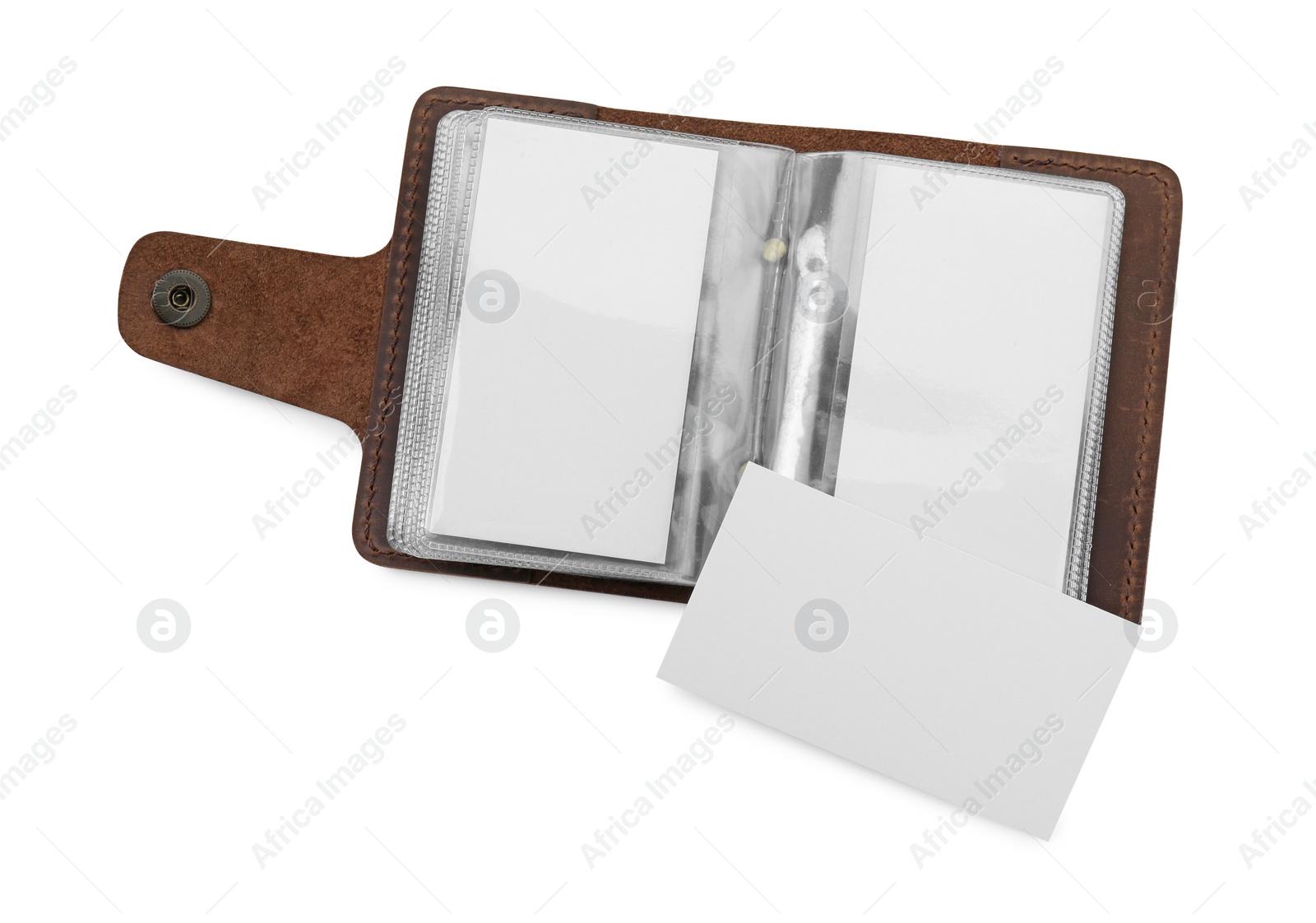 Photo of Leather business card holder with blank cards isolated on white, top view