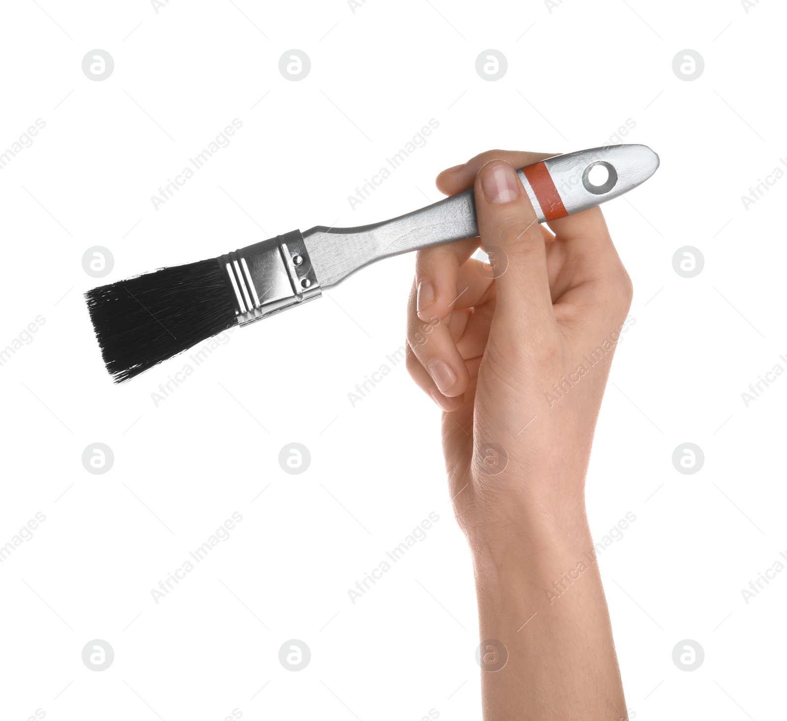 Photo of Woman holding paint brush on white background, closeup