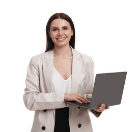 Photo of Beautiful businesswoman in suit using laptop on white background