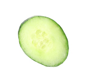 Photo of Cut fresh green cucumber on white background