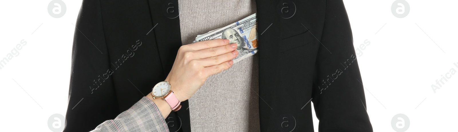 Image of Woman giving bribe money to man on white background, closeup. Banner design