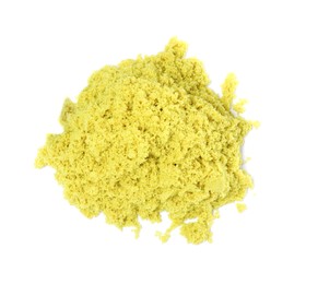 Photo of Pile of yellow kinetic sand on white background, top view