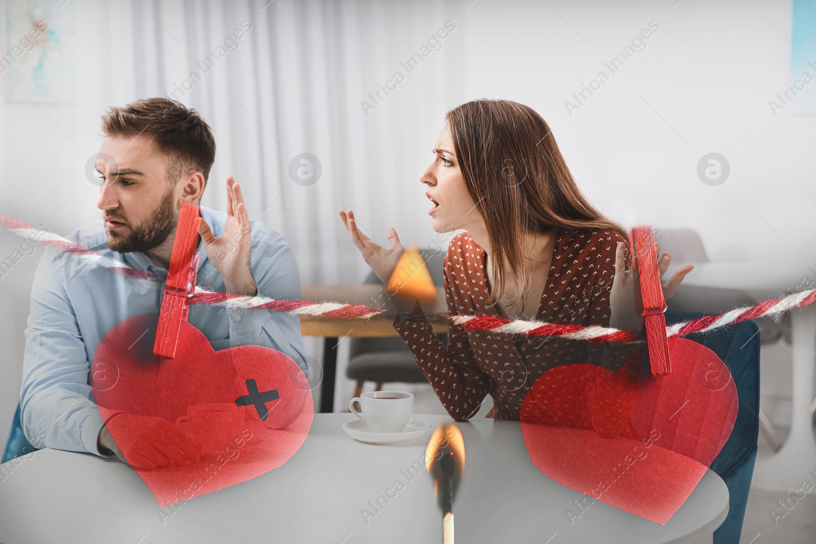 Image of Double exposure of quarreling couple, red paper hearts on rope and burning match. Relationship problems