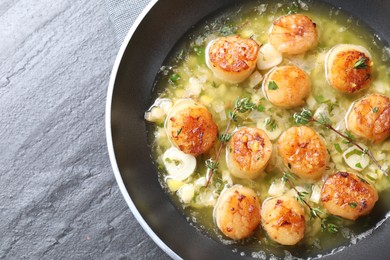 Delicious scallops with sauce in frying pan on dark gray textured table, top view