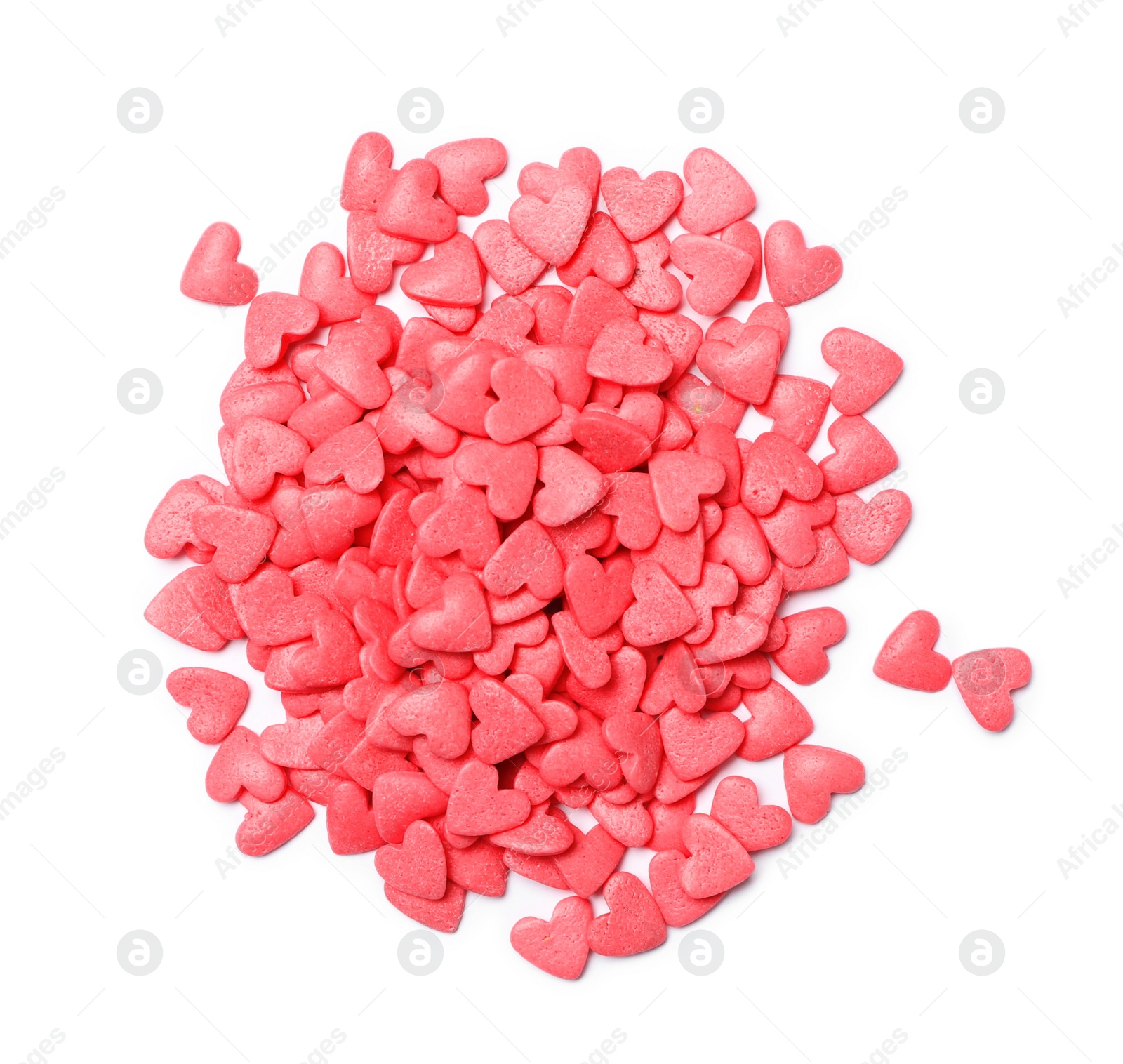 Photo of Pile of sweet candy hearts on white background, top view