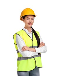 Photo of Engineer in hard hat on white background