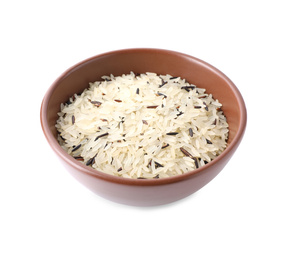 Photo of Mix of brown and polished rice in bowl isolated on white