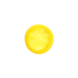 Photo of Unpacked yellow condom isolated on white, top view. Safe sex