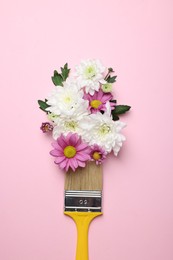 Photo of Brush with colorful flowers of chrysanthemum on light pink background, top view. Creative concept