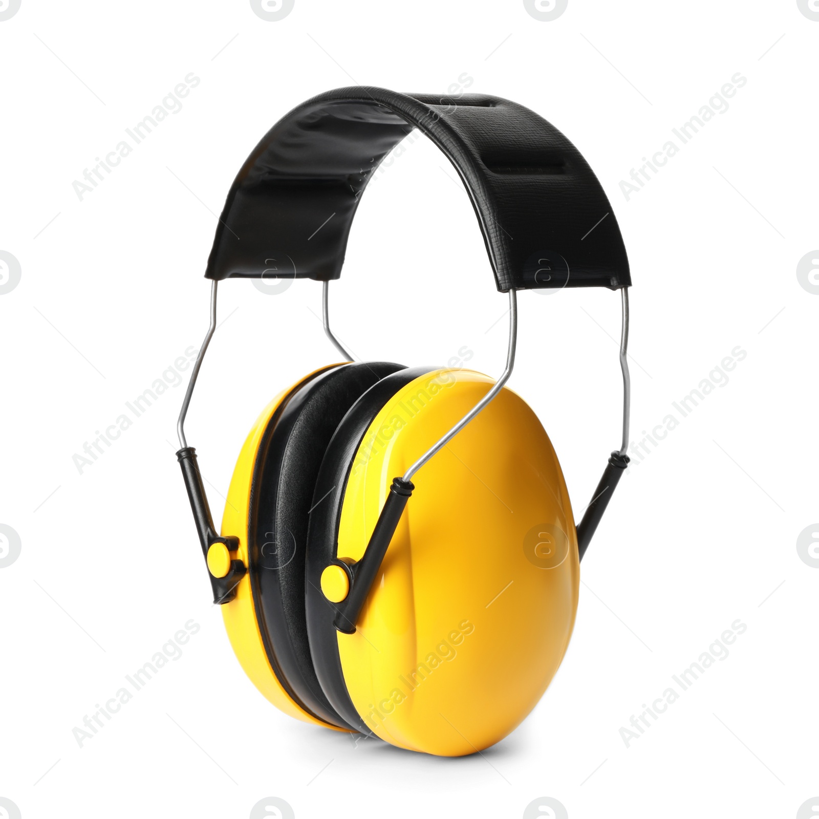 Photo of Protective headphones on white background. Construction tool