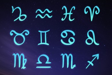 Illustration of Collection of astrological signs in night sky with beautiful sky