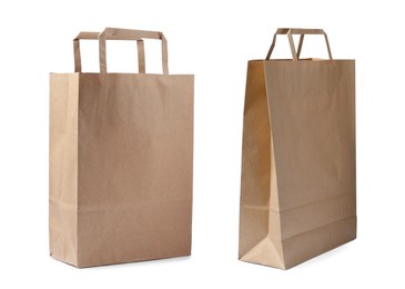 Image of Two paper bags on white background, collage