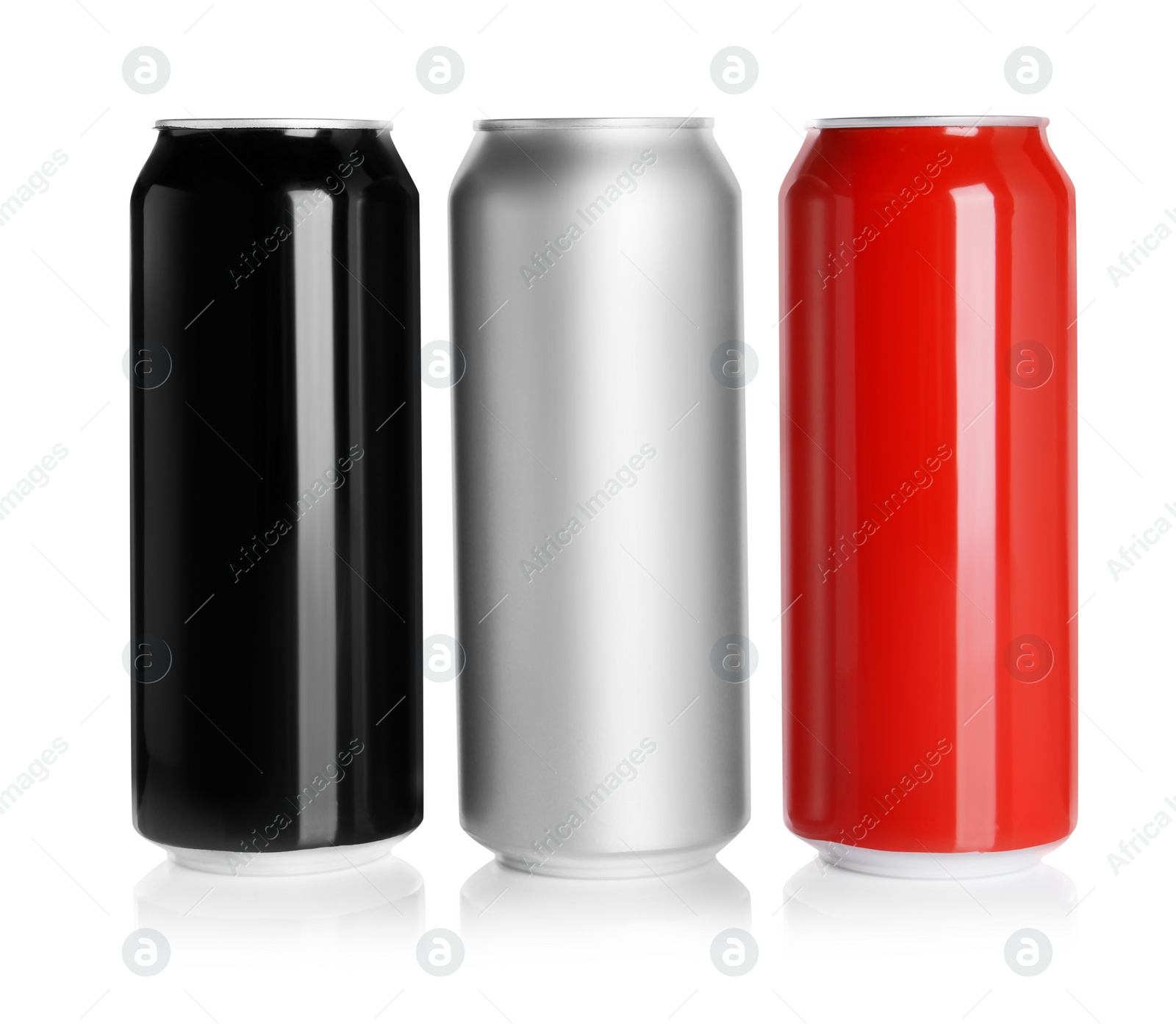 Photo of Aluminum cans with drinks on white background