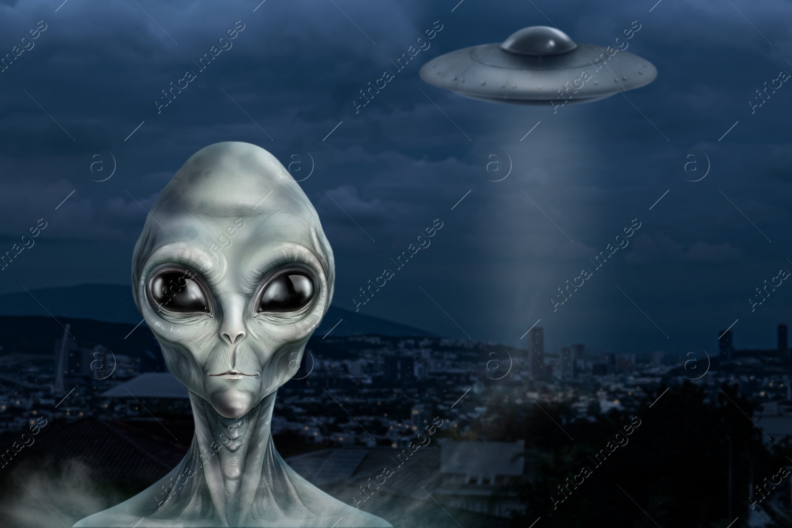 Image of Alien and flying saucer at city. UFO, extraterrestrial visitors