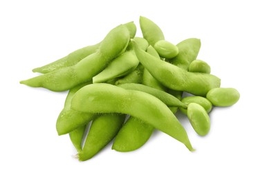 Photo of Fresh green edamame pods with beans on white background