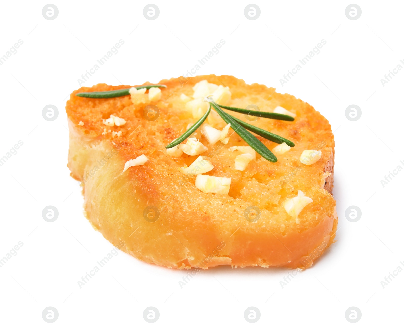 Photo of Slice of garlic bread with herbs isolated on white