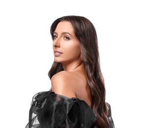 Photo of Hair styling. Beautiful woman with wavy long hair on white background