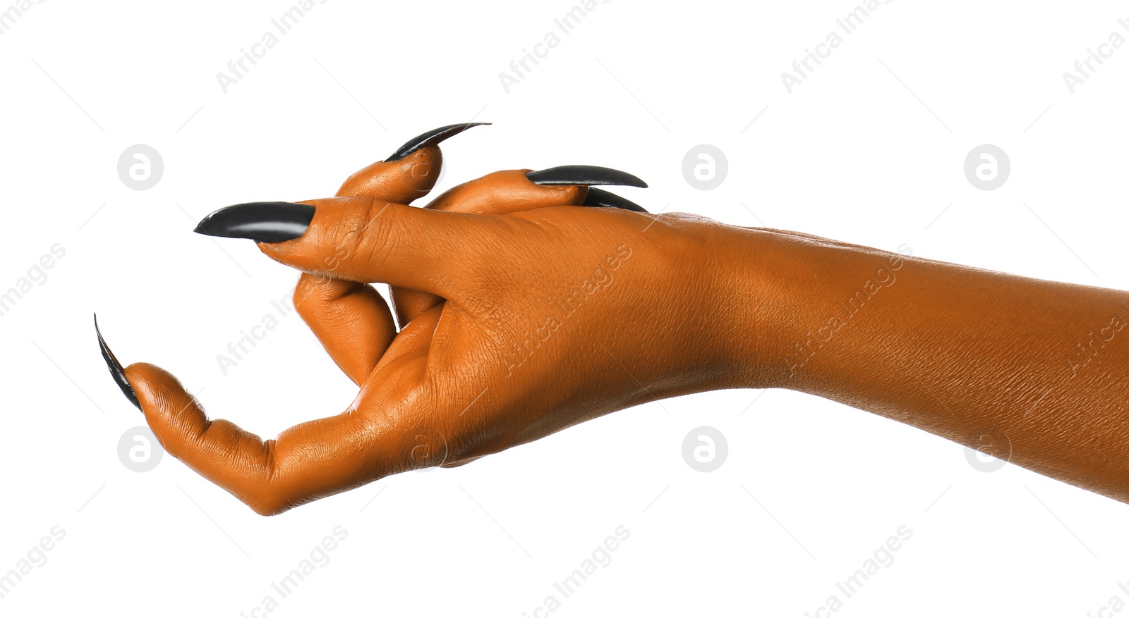 Image of Creepy monster. Orange hand with claws isolated on white