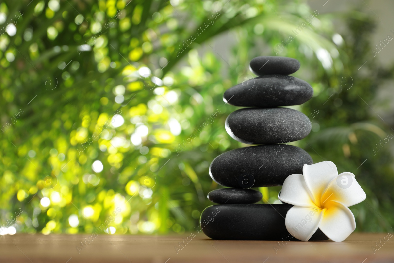 Photo of Table with stack of stones, flower and blurred green leaves on background, space for text. Zen concept