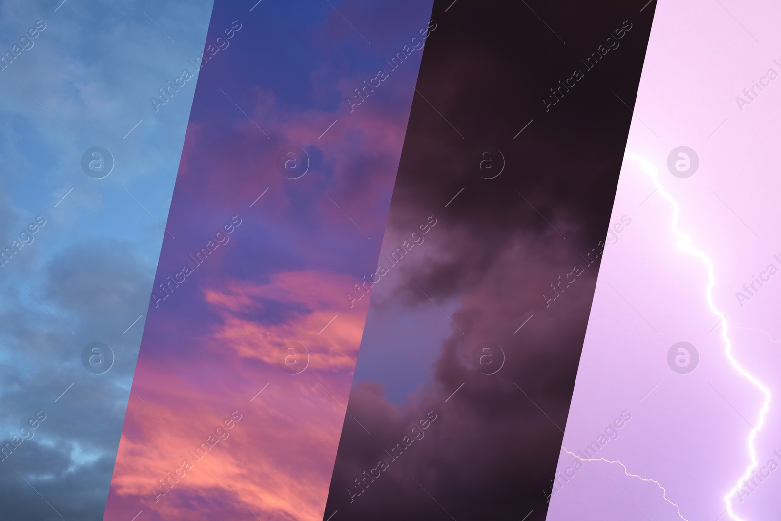 Image of Photos of sky during different weather, collage. Meteorology, forecast, climate change