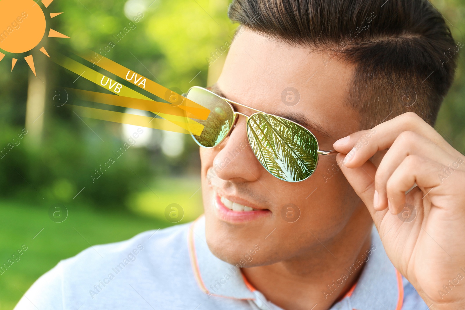 Image of Man wearing sunglasses outdoors, closeup. UVA and UVB rays reflected by lenses, illustration