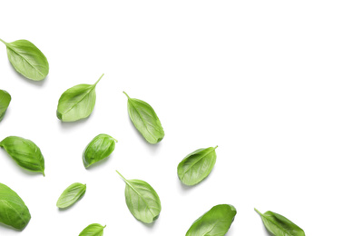 Photo of Fresh green basil leaves on white background, top view