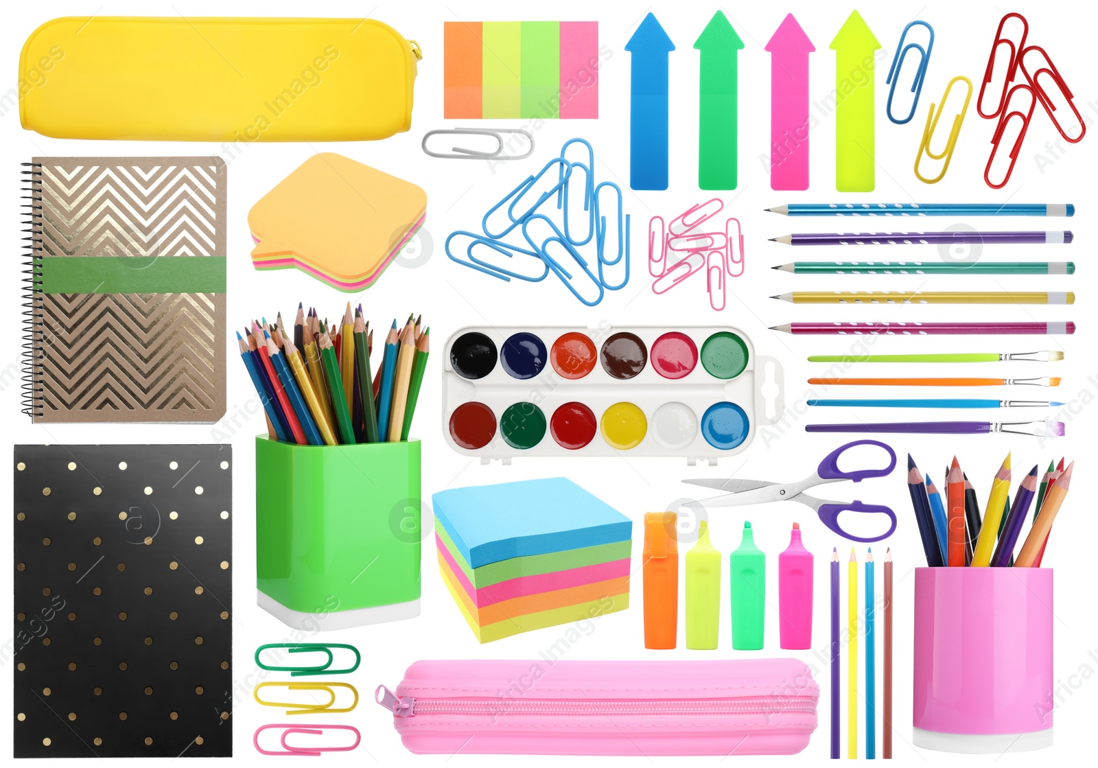 Image of Set of bright school stationery on white background