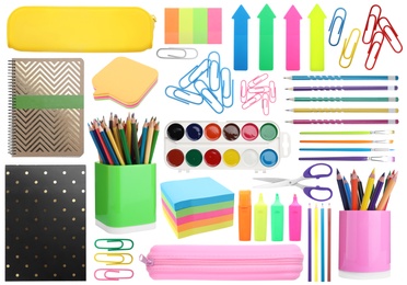 Set of bright school stationery on white background