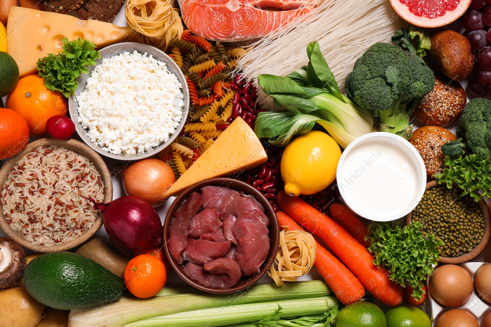 Photo of Different products as background, top view. Healthy food and balanced diet