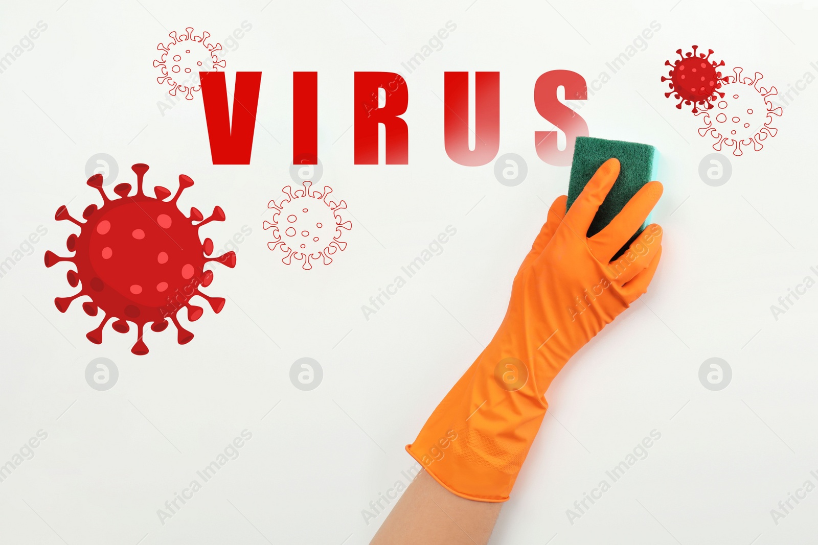 Image of Cleaning vs viruses. Woman washing surface with sponge and disinfecting solution